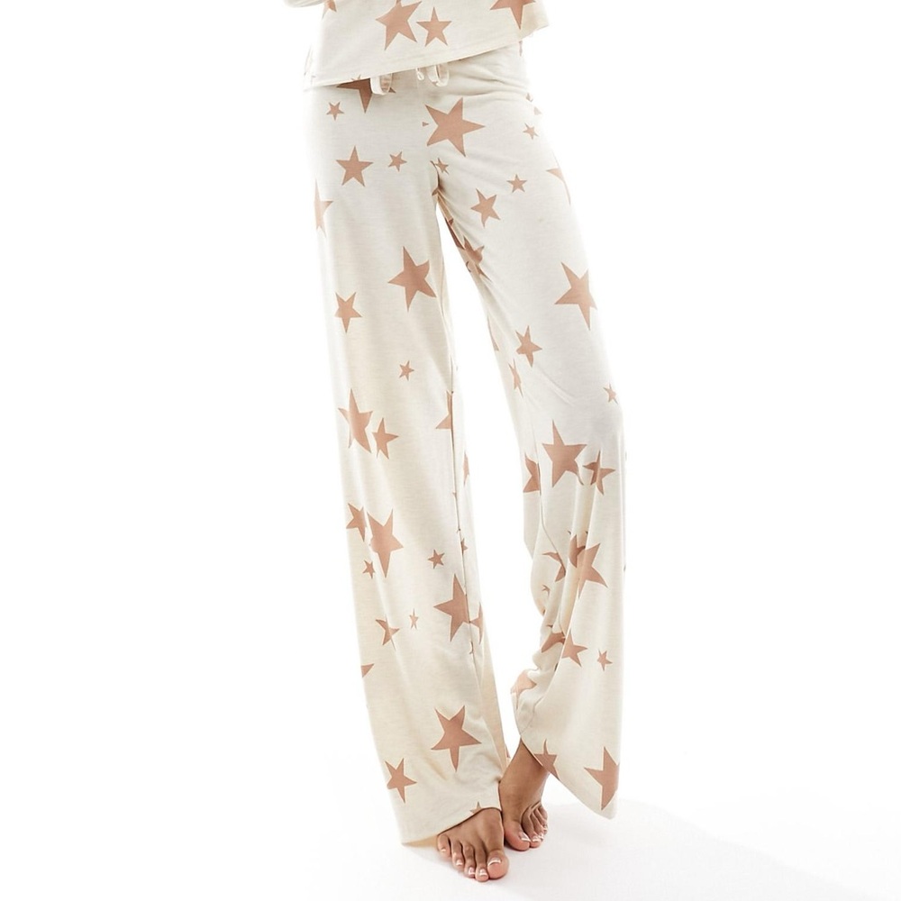 ASOS‎ DESIGN Tall Star Print Pajama Pants Cream Brown Wide Leg Lounge US 12